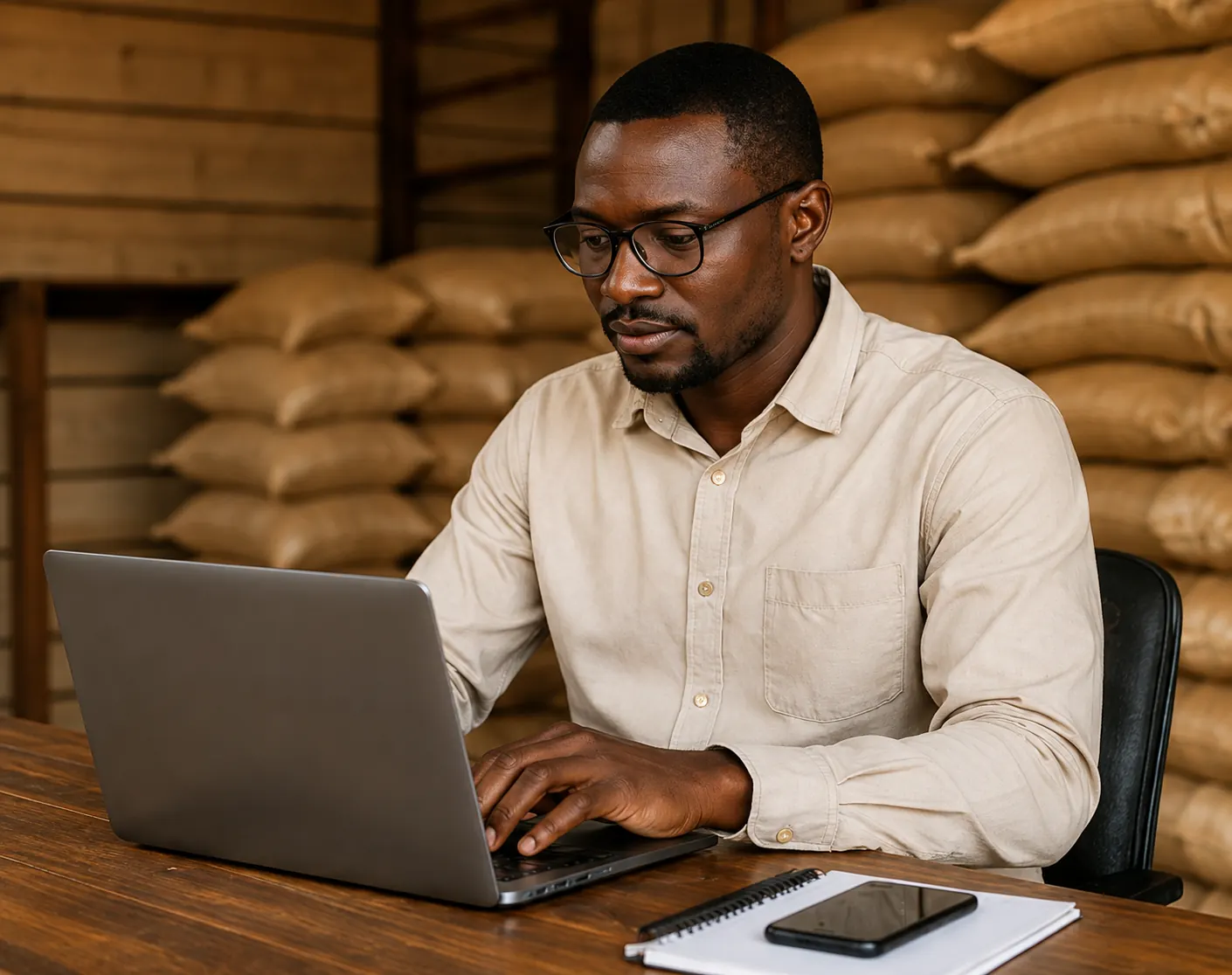 Acheteur devant un stock de produits agricoles